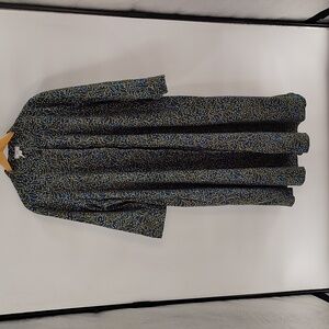 Zuri Button Down Midi Dress 2X Long Kenya African Motif 3/4 Sleeve Green Blue